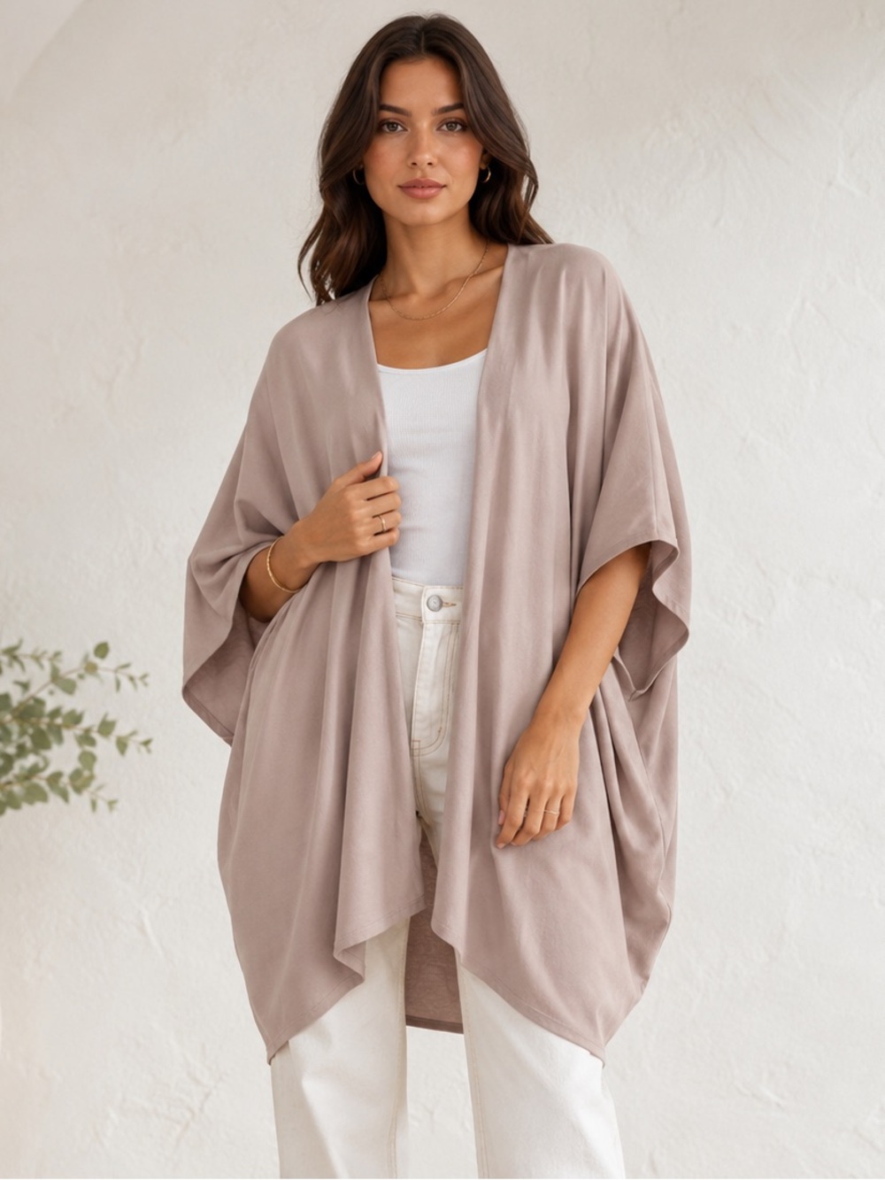 Aritzia Sunday Best Open-Front Kimono Cardigan - Taupe / OVERSIZED